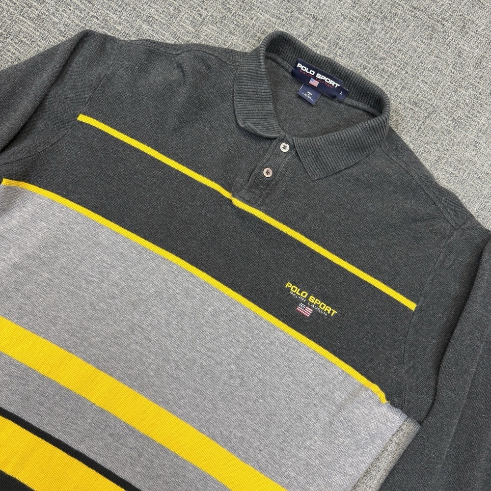 Vintage‎ Polo Sport Ralph Lauren Shirt Mens Large Gray Yellow Long Sleeve Stripe